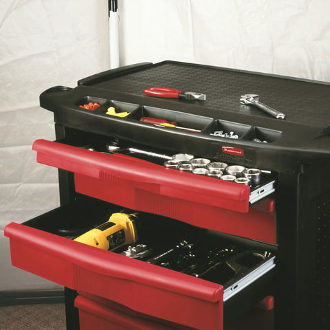 Mobile Tool Work Center On Wheels With 5 Drawers And 250 LB Capacity Built From High Density Structural Foam For Rugged Rust Proof Durability In Warehouse Garage And Maintenance Tasks Plus A Bright Red Locking Cabinet; open drawers