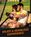 Two people enjoying a smooth golf cart ride, highlighting Replacement Starter Generator Belt for Club Car DS 1992 Up and Precedent.