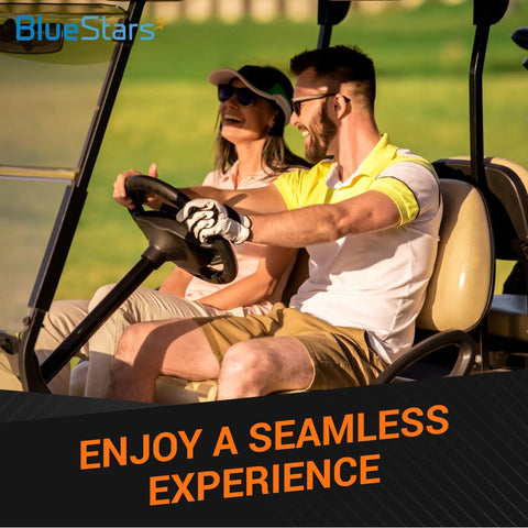 Two people enjoying a smooth golf cart ride, highlighting Replacement Starter Generator Belt for Club Car DS 1992 Up and Precedent.