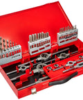 44 Piece HSS Drill And Tap Tool Set With Die And Hand Tap Kit For Metalworking M3 To M12 in red metal box, tools organized
