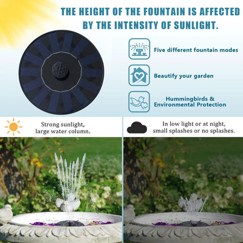 Solar Powered Bird Bath Fountain Pump For Backyard Birds, Floating 6.3-Inch Unit With 7V 1.4W Panel in action, dual spray patterns