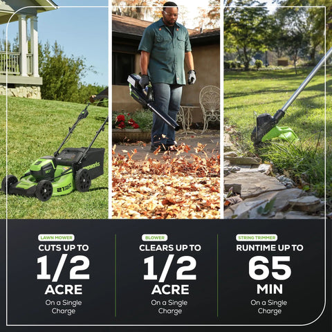 80V 21 Inch Brushless Cordless Lawn Mower, 500 CFM Axial Leaf Blower, And 13 Inch String Trimmer Combo Kit in use