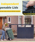 Woman using Heavy Duty Outdoor Trash Can Storage Shed For Three Bins With Flip Up Lids And Lockable Doors Galvanized Steel Utility Enclosure