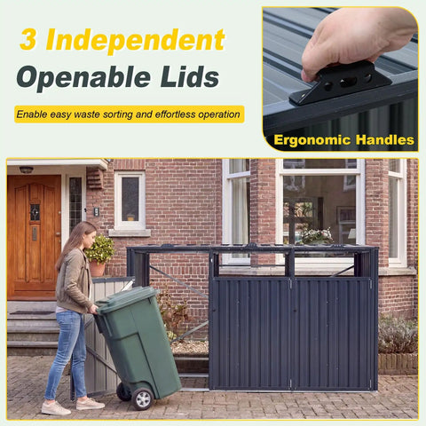 Woman using Heavy Duty Outdoor Trash Can Storage Shed For Three Bins With Flip Up Lids And Lockable Doors Galvanized Steel Utility Enclosure