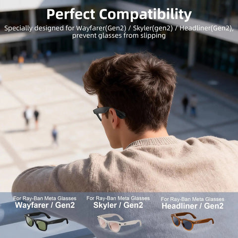 Person wearing Ray Ban Meta Wayfarer Gen 2 glasses with Anti Slip Eyeglass Ear Grips And Silicone Ear Cushions.