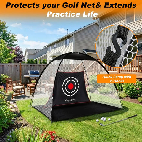Portable Golf Target Cloth Net With Easy Setup For Indoor And Outdoor Practice 7.9x5x4.3 Ft in backyard with S-hooks.