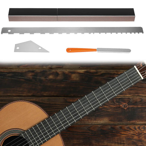 Pro Grade Guitar Luthier Tool Kit With 16 Inch Fret Leveling Beam, notched straight edge, crowning file, and rocker displayed.