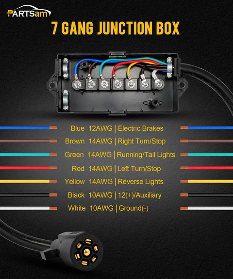 7 gang junction box with color-coded wiring for Tough As Nails Seven Pin Trailer Wiring Harness With Eight Foot Extension Cable.