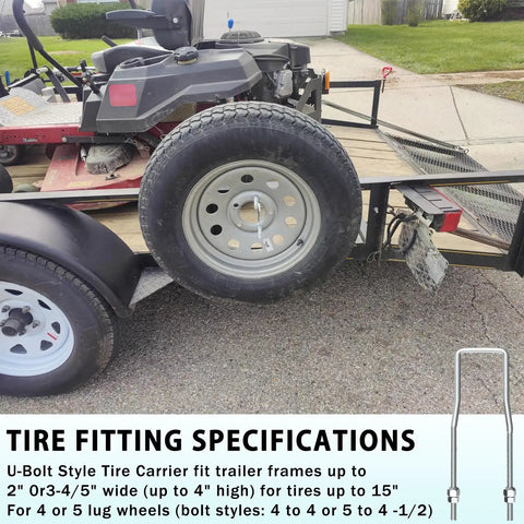 U Bolt Spare Tire Carrier For Trailers Side Mount 9 Inch Bracket Fits 4 Or 5 Lug Wheels Zinc Plated Heavy Duty For Ski Boat Fishing Boat Or Sailboat Trailers Twin Nut Design Holds Up To 15 Inch Tires shown on trailer