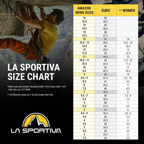 La Sportiva climbing shoe size chart with man climbing, showing US, Euro, and Women's sizes.