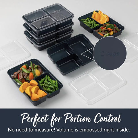 20 Piece Meal Prep Containers Set With Lids Three Compartment Reusable PFAS Free And BPA Free Materials Durable Microwave Safe Freezer Safe On The Go Navy Blue, featuring stacked trays with portioned food.