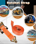 20 Pack Heavy Duty Cargo Tie Down Straps 1.5 Inches By 20 Feet Galvanized Steel Ratchet Belts showing orange strap and metal hook.