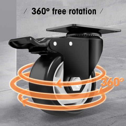 Close-up view of a 3-inch black polyurethane caster with a top-plate swivel.