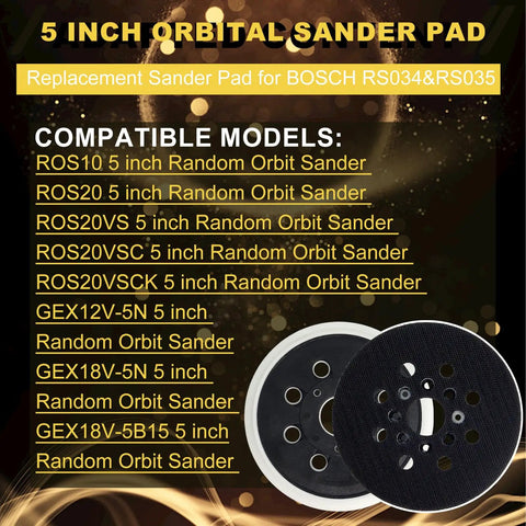 5 Inch 8 Hole Hook And Loop Replacement Sander Pad For Random Orbit Sanders, compatible models listed on black background.