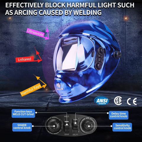 Auto Darkening Welding Helmet With Solar Power And Large Viewing Area For TIG MIG ARC Grinding, True Color Vision, Four Arc Sensors