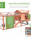 96.5-Inch Wooden Chicken Coop With Portable Wheels, multiple entrances shown, lockable doors for secure backyard poultry cage pen.
