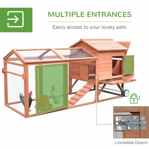 96.5-Inch Wooden Chicken Coop With Portable Wheels, multiple entrances shown, lockable doors for secure backyard poultry cage pen.