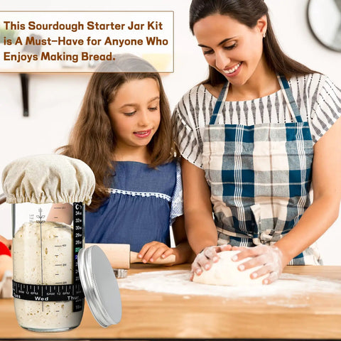 Woman and child in kitchen with Ultimate Sourdough Starter Kit For Home Bakers And Bread Nerds With 24 Oz Glass Jar and tools.