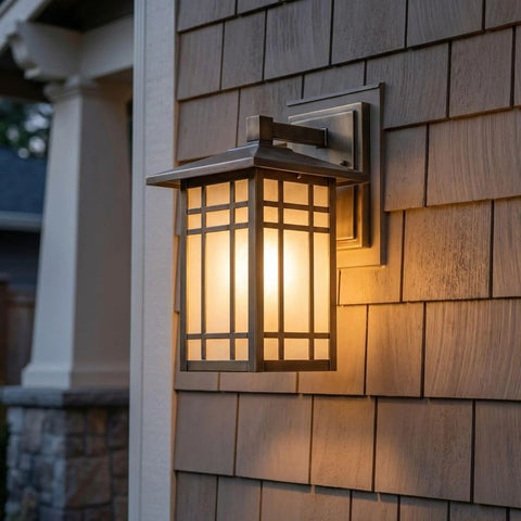 Hillcrest 13 Inch Mission Style Outdoor Wall Sconce Imperial Bronze with Linen Glass on exterior siding, illuminated