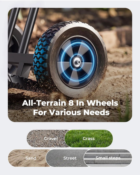 Heavy Duty Plant Caddy With Wheels Featuring Ergonomic Y Shape Handle And Non Slip Grip Smooth Rolling Garden Dolly close-up of all-terrain 8-inch wheel on gravel