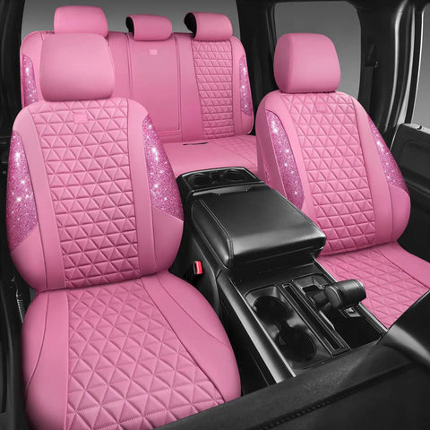Blinged Out Pink Leather Car Seat Covers Full Set Waterproof Glitter Crystal Rhinestone Sparkle With Universal Fit For Cars Trucks SUVs Armrest Cover Cute For Women Girls