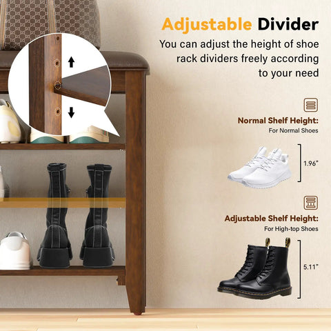 Durable Rubberwood Shoe Bench With Leather Cushion For Entryway And Mudroom, detail of adjustable removable shelves for shoe height