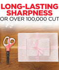Gift wrapping scene with Precision Ultra Edge 8 Inch Non-Stick Scissors, Titanium-Fused Blades, beside wrapped present on wood table.