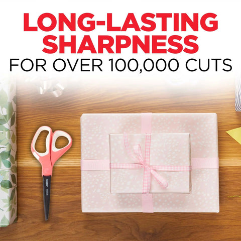 Gift wrapping scene with Precision Ultra Edge 8 Inch Non-Stick Scissors, Titanium-Fused Blades, beside wrapped present on wood table.
