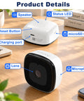 No Drills Necessary Two Pack 2K Window Security Cameras Indoor Home Surveillance highlighted features like lens and charging port.