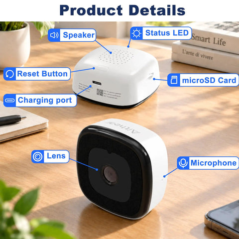 No Drills Necessary Two Pack 2K Window Security Cameras Indoor Home Surveillance highlighted features like lens and charging port.
