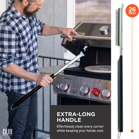 Man using 26 Inch Pizza Oven Brush With Stone Scraper Set Includes Two Brush Heads Heat Resistant Stainless Steel Bristles