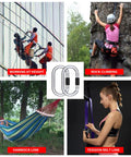 Beefy Heavy Duty Steel Carabiner Clip Set Rated 25kN 5600lbs for rigging ropes, hammocks, climbing, and workout support, 2 pack.
