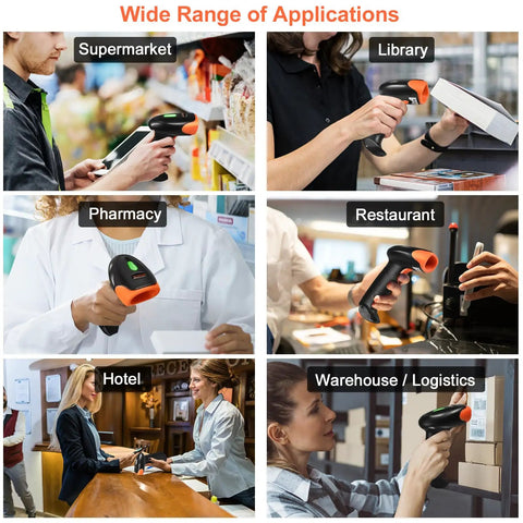 Wireless Bluetooth Barcode Scanner Handheld 2D 1D QR Reader With 800x600 CMOS Sensor used in various settings like retail and inventory
