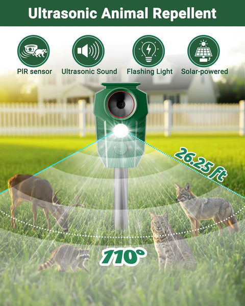 Solar Ultrasonic Deer And Cat Repellent With Motion Sensor And LED Flashing Lights Waterproof Outdoor Animal Deterrent For Yard Garden And Lawn Humane Guard Against Dogs Raccoons Coyotes, green stake