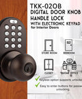 Keyless Entry Digital Door Knob Lock With Keypad for Front Doors, visible on a wooden door with LED keypad and bronze finish.