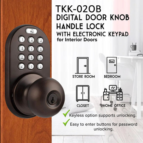 Keyless Entry Digital Door Knob Lock With Keypad for Front Doors, visible on a wooden door with LED keypad and bronze finish.