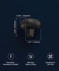 Solid Core Black Iron Cabinet Knobs For Kitchen And Dresser, One And One Quarter Inch Heavy Duty Metal Pulls For Doors And Drawers, Boss Level Refined Rustic Collection By Hickory Hardware, One Pack, showing size dimensions on dark background.