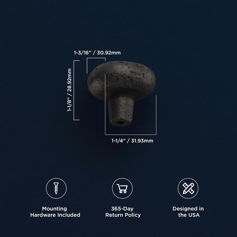 Solid Core Black Iron Cabinet Knobs For Kitchen And Dresser, One And One Quarter Inch Heavy Duty Metal Pulls For Doors And Drawers, Boss Level Refined Rustic Collection By Hickory Hardware, One Pack, showing size dimensions on dark background.