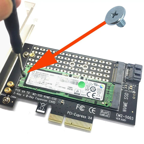 Premium M.2 NVMe SSD Mounting Screws Kit Including Sixty Heavy Duty PCIe NGFF 2280 Hardware Fasteners installed on PCIe expansion card.