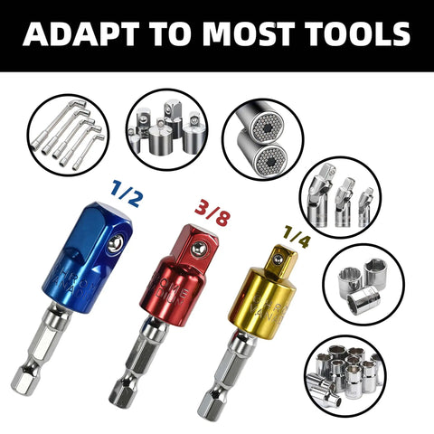 360 Degree Rotatable Socket Adapter Set For Drill Chucks Hex 1/4 3/8 1/2 Inch Convert Your Drill Into A High Speed Nut Driver Impact Grade CR-V 3 Piece