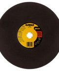 DEWALT 14-inch chop saw blade, metal cut-off wheel; dark brown abrasive disc with yellow label.