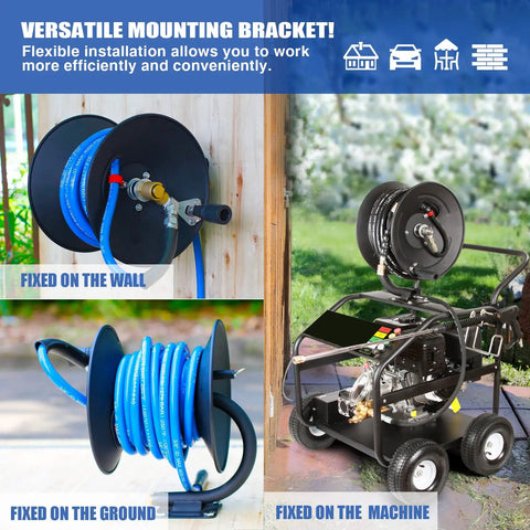 Beefy Heavy Duty Pressure Washer Hose Reel For Outdoor Use, 100 Ft By 3/8 Inch And 130 Ft By 1/4 Inch Dual Hose Reel on wall, ground, machine mount
