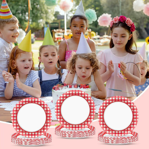 100 Count 7 Inch Red And White Checkered Paper Plates For Parties at a birthday celebration with kids smiling around a cake.