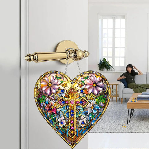 Hanging Diamond Art Ornament Dope Heart Shaped Cross Kit for Adults Crystal Sun Catcher on door handle in living room
