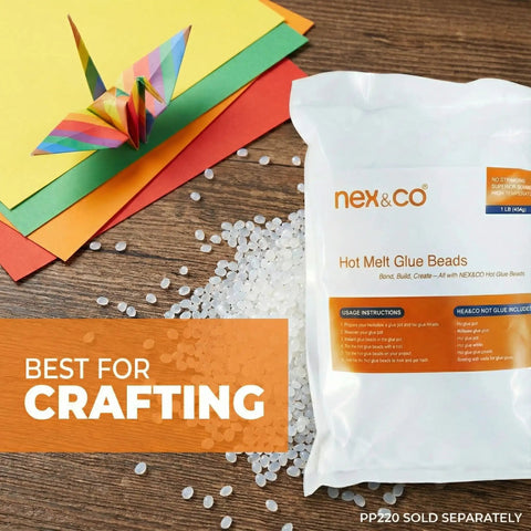 Straight Up General Purpose Hot Melt Glue Beads For Crafting 1 Pound Bag on wooden surface with colorful paper and origami crane.