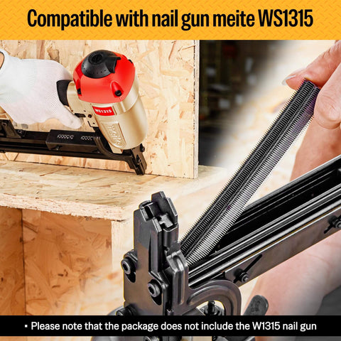 Corrugated W Staples Fasteners One Half Inch Crown By Three Eighth Inch Length Micro Corrugated Staples, Fourteen Thousand Count Box, Bright Basic Finish, Compatible With Standard Staple Guns, Tough As Nails For Wood Framing, Trim And Projects being loaded into a staple gun next to wood project.