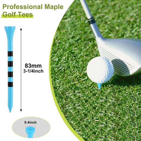 Must Have One Thousand Bulk Golf Tees Pack, Three And A Quarter Inch Wooden Bamboo Tees For Men And Women, image showing a blue tee with golf ball and club on grass