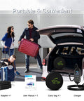 Ready To Roll Tesla Charger And Electric Vehicle Wall Plate Level 1 And 2 Portable Ev Plug 5 Meter Wire 16 Amp 3.6Kw Adjustable Juice displayed with luggage and user manual.