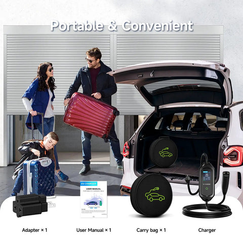 Ready To Roll Tesla Charger And Electric Vehicle Wall Plate Level 1 And 2 Portable Ev Plug 5 Meter Wire 16 Amp 3.6Kw Adjustable Juice displayed with luggage and user manual.