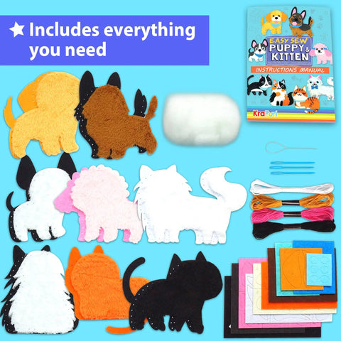 Easy Peasy Beginner Sewing Kit For Kids With 8 DIY Plush Toy Projects Puppies Kittens Dogs And Cats Includes Felt And Simple Step By Step Instructions A Fun All In One Craft Gift For Boys And Girls, showing instructions and materials.